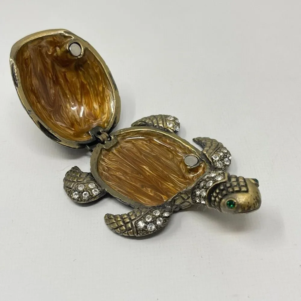 Sea Turtle & Baby Rhinestone Enamel Metal Trinket Pill Ring Box Hinged Magnetic